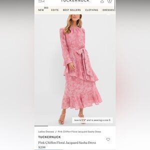 Tuckernuck Pink Chiffon Floral Jacquard Sasha Long-Sleeve Tie-Waist Dress